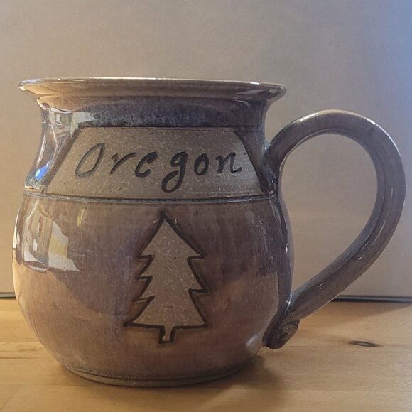 Mug Stoneware OREGON Artisian Pottery Lavender Brown Beige Tree Sturdy 16 oz - Picture 1 of 5